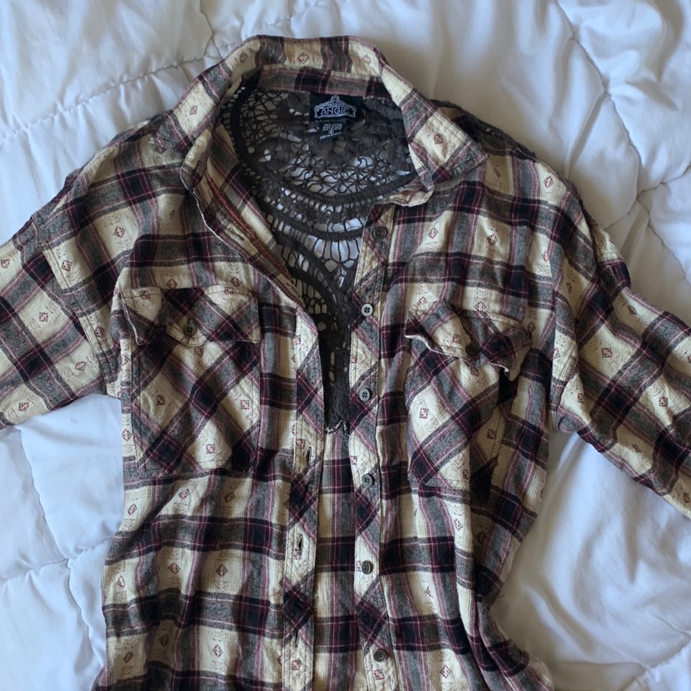 Angie’s flannel with unique grey lace/crochet back